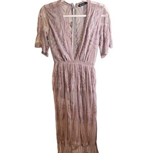 Beau Tissu Elegant Lace Maxi Dress Romper in Rose Pink Small